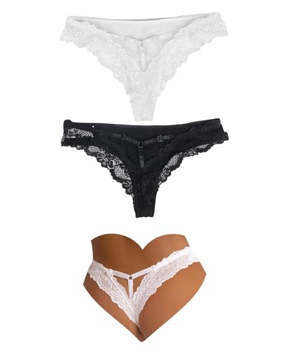 ohyeahlady Women Adjustable Lace Tangas Knickers Multipack Soft Stretchy Hollow Out Thongs Black and White Hipster Panties Plus Size Smooth Underwear Pack of 2 Knickers Size 10