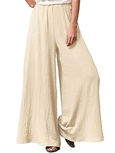 Womens Linen Pants High Elastic Waist Wide Leg Flowy Trousers Plus Size with Pockets Beige 3XL