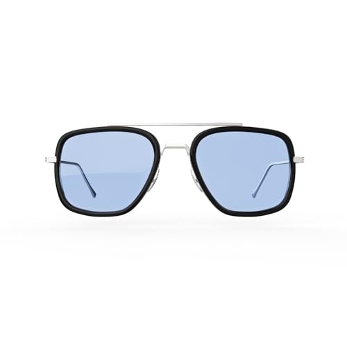Image of Polarized Sunglasses for Men Women Vintage UV400 Classic Iron-Inspired Hero Style Pilot Sunglasses Fashion Square Metal Frame (Silver Frame /Blue Lens)