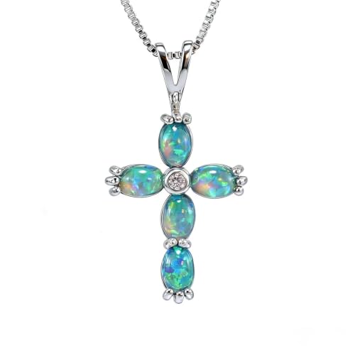 Collier croix minimaliste en opale feu bleu et oxydes de zirconium pour femme