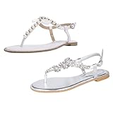 SheSole Women's Pearl & Rhinestone T-Strap Flat Sandals Bundle - White & Silver Dressy Beach Wedding Shoes Size US 9.5