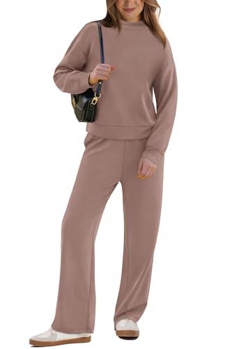 Image of WIHOLL Two Piece Sets for Women Fall Outfits Lounge Sets Mock Neck Tops Wide Leg Pants Vacation Travel Airport Outfits