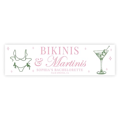 Andaz Press Pink and Green Bikinis and Martinis Custom Bachelorette Banner, Personalized Bachelorette Party Decorations, Martini Banner, Beach Pool Cute Party Decor, Backdrop for Pictures, 13x48 Inch