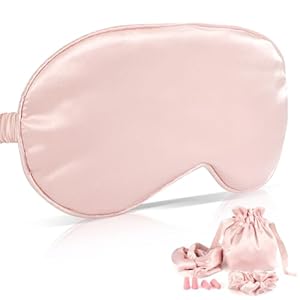 MWOOT Soie Masque de Sommeil, Satin Masque Sommeil Ensemble avec Pochette de Transport Bandeau Attaches de Cheveux Boules Quies,Cadeaux pour Femmes Filles Soirée Pyjama (Rose), Sleeping Mask