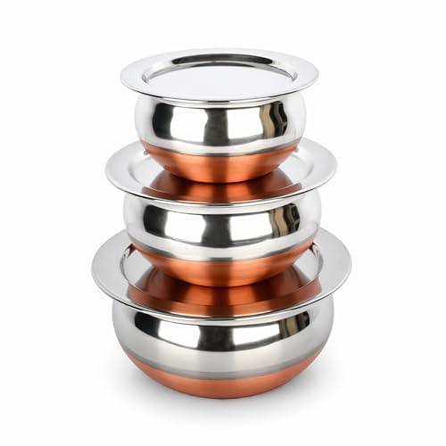 Image of Steel Magic Copper Bottom Handi /Urli Set, Cookware Set Induction Bottom Cookware Set, Stainless Steel, Copper Handi Set of 3 (800, 1100, 1600 ML)