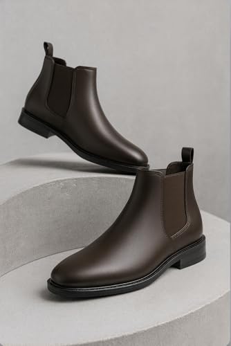 Image of Men's Leather Chelsea Boots | Ankle Boots with Textured Finish Formal & Smart Casual Boots | Comfortable Fit, Trendy, Stylish Boots | Leather Boots for Office /Fashionable