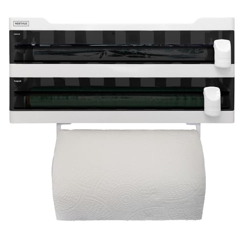 NERTHUS FIH 1256 Wall Roll Holder, Triple Dispenser, Aluminium Dispenser and Film with Cut, Spice Rack, White, 1 Rollo - Image 3