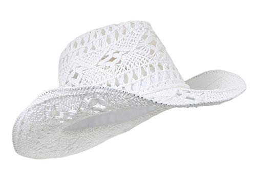 Image of Men & Women's Summer Cowboy Cowgirl Straw Hat Hollow Out Woven Roll Up Wide Brim Sun Hat with Chin Strap
