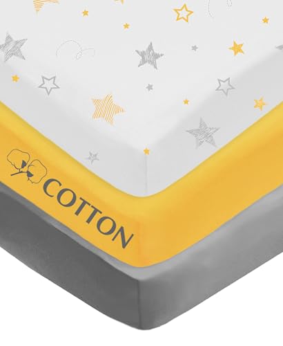 Image of American Baby Company 3 Pack 100% Natural Cotton Fitted Pack and Play Sheets 39 inch x 27 inch - Soft & Breathable Pack N Play Sheets for Playard & Mini Crib Mattress, Yellow Star /Yellow /Gray, for Boy & Girl