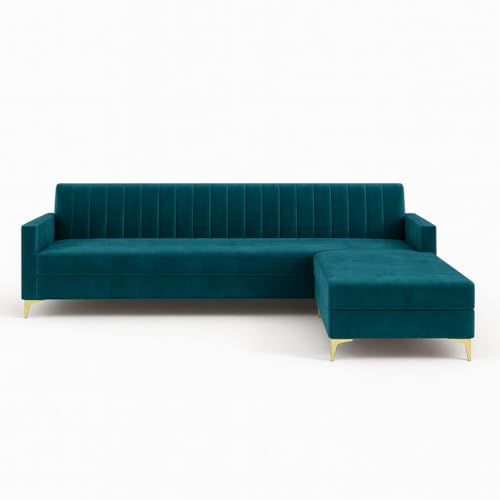 Image of SOCOZI Morello 4 Seater L Shape Sofa Set with Movable Ottoman | Flexible Left or Right Layout | Soft Velvet Suede Fabric | Modern Design | Plush Comfort Cushions for Living Room (Green Teal)