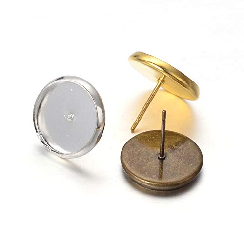 Kissitty 3 Colors Brass Post Stud Earrings Set Blank Flat Round Bezel Tray Cabochon Setting Fit for 12mm (30Pcs)