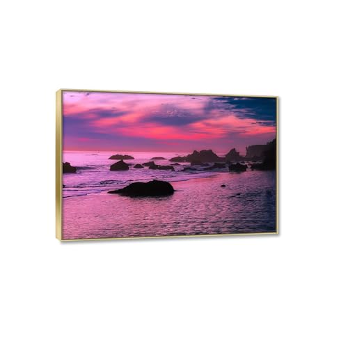 Peinture sur Toile Forêt et Rivière Couché de Soleil avec Cadre Doré 20x30cm