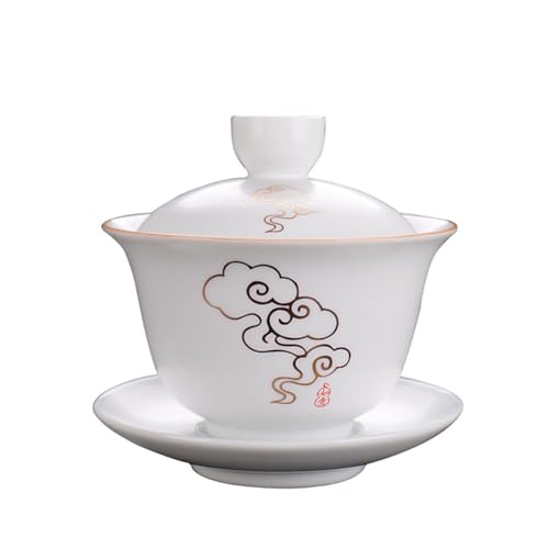 Image of Liang baobao Gaiwan 8oz Porcelain Teacup White Glazed with Golden Rim Tureen Chinese Gongfu Tea Cup Sancai Cover Bowl Lip Cup Saucer Set (Auspicious clouds)