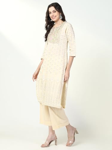 Image of SHOWOFFFF Women Floral Three-Piece Straight Festive Kurta Set | Round Neck 3 /4th Sleeves Cotton Kurta Set for Womens | Mid-Rise Regular Fit Calf Length Kurta Set for Women's