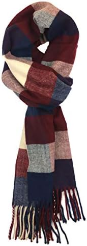 Plum Feathers Plaid Check and Solid Cashmere Feel Winter Scarf (Burgundy-Navy-Beige Check)