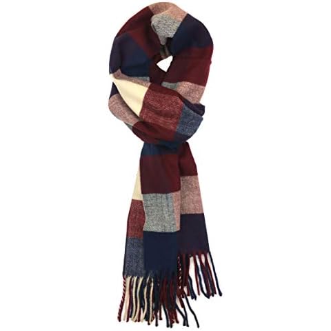 Plum Feathers Plaid Check and Solid Cashmere Feel Winter Scarf (Burgundy-Navy-Beige Check) Cover