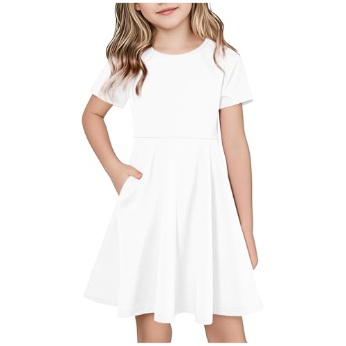 Girls Short Sleeve Dress with Pockets Summer Casual A Line Swing Basic Skater Party Dresses 4-14 Years