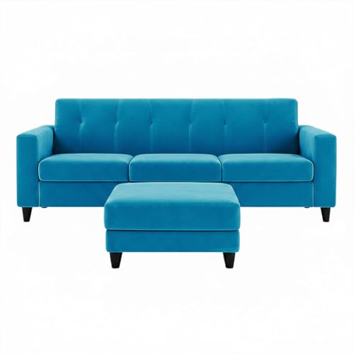 Image of Homeboy 4 Seater L Shape Sofa Set with Movable Ottoman | Flexible Left or Right Layout | Luxe Velvet Suede Fabric | Comfortable Seating | Modern Sofa for Living Room -Aqua Blue