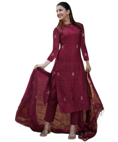 Image of Anni Designer Pure Cotton Maroon Kurta Pant Set with Dupatta for Women | 3 Piece Gold Hand Block Printed Suit Set | Cotton Kurta Set for Women | Festive Kurti Set