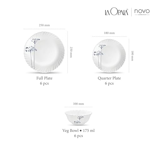 Image of La Opala Novo Collection Opal Glass Crockery | for Family of 6 | Dinner Set 18 pcs Aqua Spray | Plates & Bowls for Dining | Microwave Safe | 100% Vegetarian | Extra Strong | Light & White