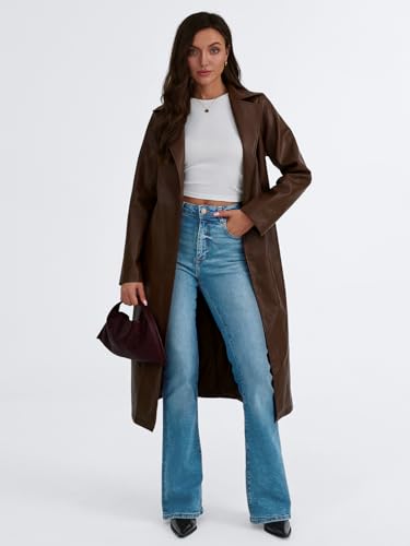 Trendy Queen Womens Long Leather Jackets Trench Coat Blazer Lapel Faux Open Front with Belt2