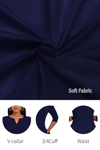 Image of Nmoder Midi Dresses for Women A-Line Fit and Flare Dress 3 /4 Sleeve V Neck Cocktail Wedding Guest Work Dress with Pockets