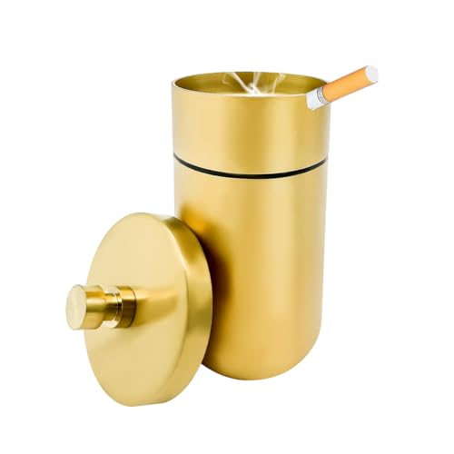Image of DXNQ Car Ashtray with Lid, Windproof Smokeless Stainless Steel Ash Tray Butt Bucket, Detachable Self Extinguished Ashtray for Car Cup Holder Home Office Travel, Car Accessories (Golden)