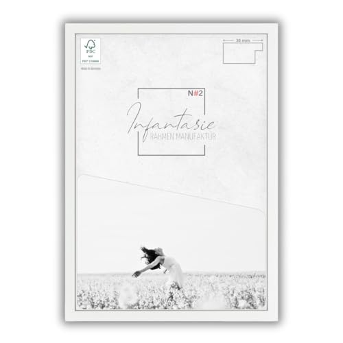 Infantasie 'N°2' Bilderrahmen 20x40 handgefertigt nach Maß | Weiss Matt | MDF Holz-Design Collage Rahmen inkl. Kunstglas und Metall Aufhänger (Querformat & Hochformat)