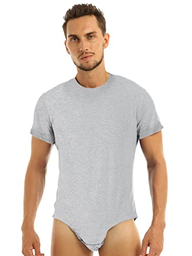 MSemis Body Camiseta Manga Corta para Hombre Body Ajustado Entrepierna de Algodón Mono Elásico Slim Fit Ropa de Dormir A Gris L