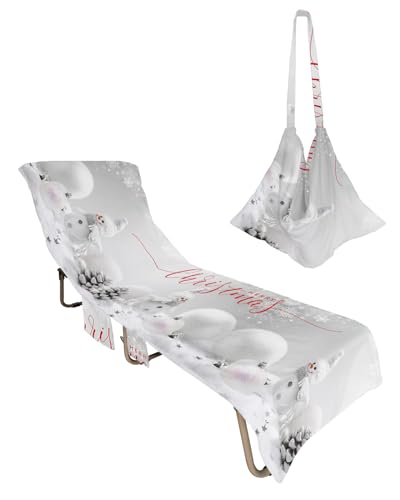 Grey Snowman Christmas Beach Lounge Chair Towel Cover, Soft Chaise Lounge Towel with Side Pockets Patio Pool Chairs Cover for Beach/Pool Sunbathing 29x85 Xmas Pine Cones Balls Snowflake