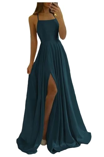 Image of Women Long Formal Dress Solid Satin Spaghetti Straps A Line Evening Cocktail Dresses with Slit