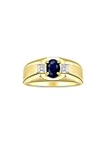  RYLOS Mens Rings Yellow Gold Plated Silver Classic 7X5MM Oval Gemstone & Genuine Sparkling Diamond Ring Sapphire September Birthstone Rings For Men, Men\'s Rings, Silver Rings, Sizes 8,9,10,11,12,13