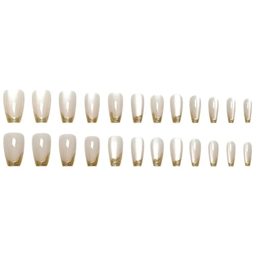 Image of Gold French Tip Press On Nails Square Shape | Nude Glossy Fake Nails with Metallic Chrome Edge Design | Short Medium Stick On Nails Reusable Full Cover Artificial Nails for Women | Reusable Nail Extension For Women With Glue Tab | Long Lasting Glossy Finish Artificial Nails | Easy to Apply Fake Nails for Salon Look at Home | Stick-On Manicure Kit For Parties, Weddings And Gifts | Trendy Nail Art Set for All Occasions (Peach-GoldCatEye)