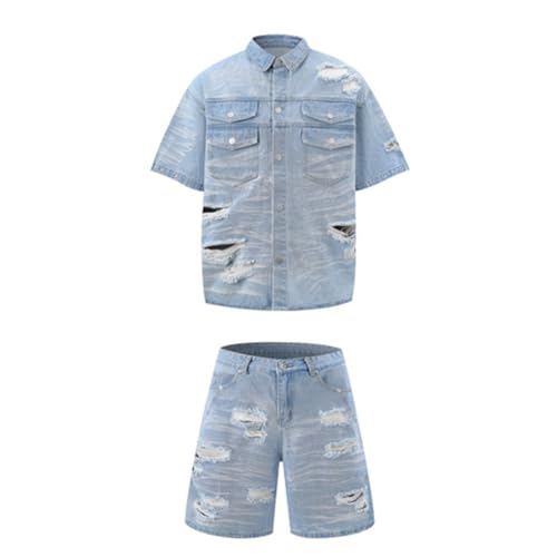 FXVZVFES Men's Summer Denim Tracksuits Trendy Ripped 2 Piece Outfits