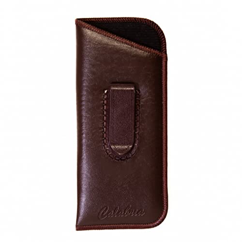 Image of Calabria Slip-In Eye Glasses Case w /Plastic Pocket Clip Faux Leather Felt Brown Men Women Eyeglass Pouch Sunglasses Holder