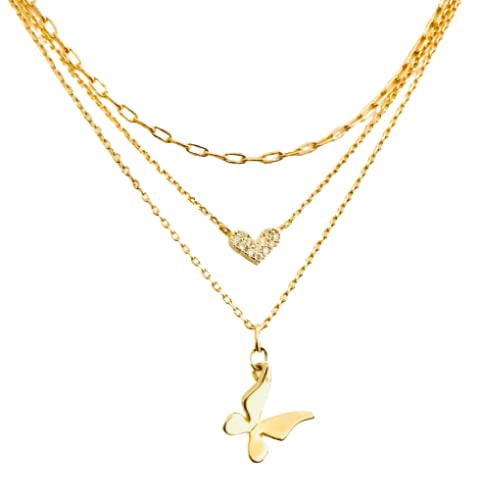 pre- layered necklace: cubic zirconia HEART, BUTTERFLY insect; gold plated chain and charms (simple, everyday, semi dainty, cz)
