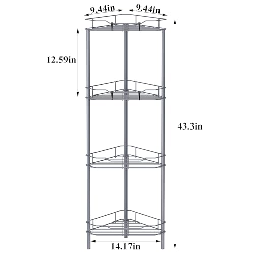 Image of HuggieGems 4 Tier Floor Standing Corner Shower Caddy Organizer Shelf with Hooks, Bathroom Shelves Stand Rack, Dark Gray