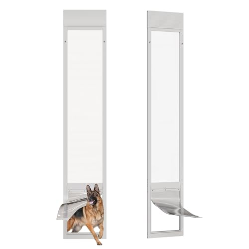 Dog Door for Sliding Glass Doors, Adjustable Height 91"-95 9/16" Aluminum Frame Tempered Sliding Door Dog Doors Insert with Lock, 10 x 15 Flap Size for Large Dogs