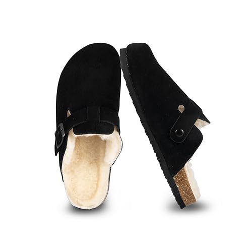 Women's Fur Lined Suede Clogs Fuzzy Cork Footbed Mules Slip On Winter Potato Shoes