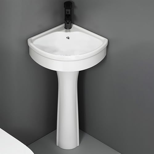 GDBTDL Small Corner Sink,Compact Corner Pedestal Sink for Bathroom, Space-Saving Triangular Ceramic Basin with Overflow and Floor-Standing Design, Includes Faucet and Drain Kit, Ideal for Small Rooms