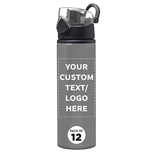 DISCOUNT PROMOS Custom Aluminum Water Bottles with Carabiner 25 oz. Set of 12, Personalized Bulk Pack - Refillable, Great for Gym, Hiking, Cycling, School - Silver