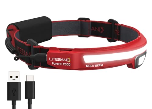 LITEBAND PRO Multi-Beam Rechargeable LED Headlamp 2500 Lumens 210 Wide Beam + Focused Spot PureHD High CRI Light Hard Hat Compatible Professional No-Bounce Fit IPX5 Weather Resistant Red