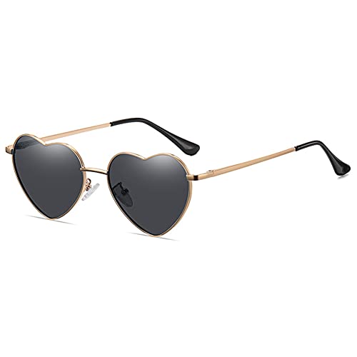 RUNHUIS Polarisiert Herzform Sonnenbrille Damen Herren Hippie Brille Vintage Liebe Sonnenbrille für Festival Party Gold Metallrahmen mit UV400 (Gold/Grau)