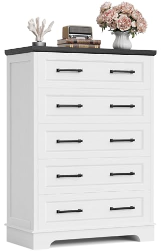 Furmax Farmhouse Dresser for Bedroom, 5 Drawers Dresser, Wood Chest of...