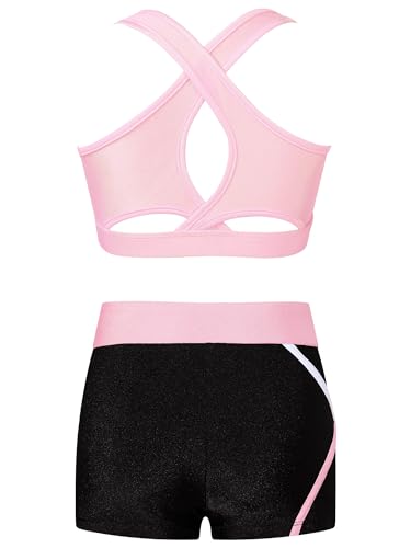 Kids Girls 2 Pieces Dance Outfit Gymnastics Crop Tank Sleeveless Shiny Tops Sport Bra and Shorts Set Tracksuit2