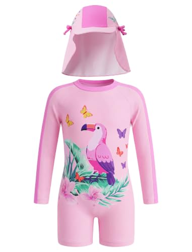 Image of ODASDO Infant Baby Girls Long Sleeve One Piece Rash Guard Swimsuit 3-24M | UPF 50+ Sun Protection | Back Zipper | Quick Drying | Full Head Neck Body Coverage | For Beach Vacation and Pool Party