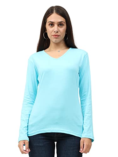 Image of FLEXIMAA Women's Cotton Plain V Neck Full Sleeve T-Shirt