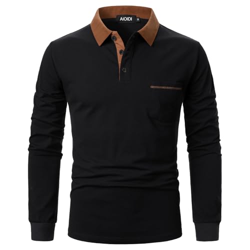 AIOIDI Polos Hommes Adultes Manches Longues Hauts en Coton T-Shirts de Golf avec Poche Réelle Noir...