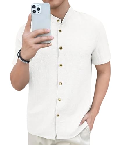 Image of Men's Solid Textured Half Sleeve Shirt with Stylish Buttons | Band Collar Casual Shirt for Summer Wear