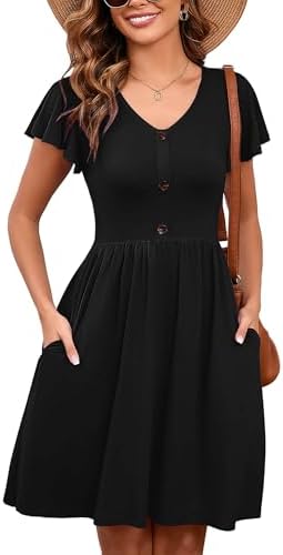 Heymoments Women Summer Dresses Ruffle Sleeve Casual V Neck Swing Button Down Midi Dress with Pockets